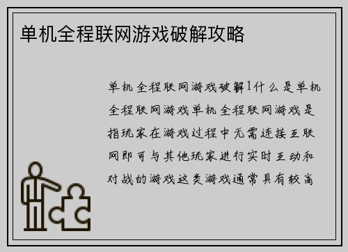 单机全程联网游戏破解攻略
